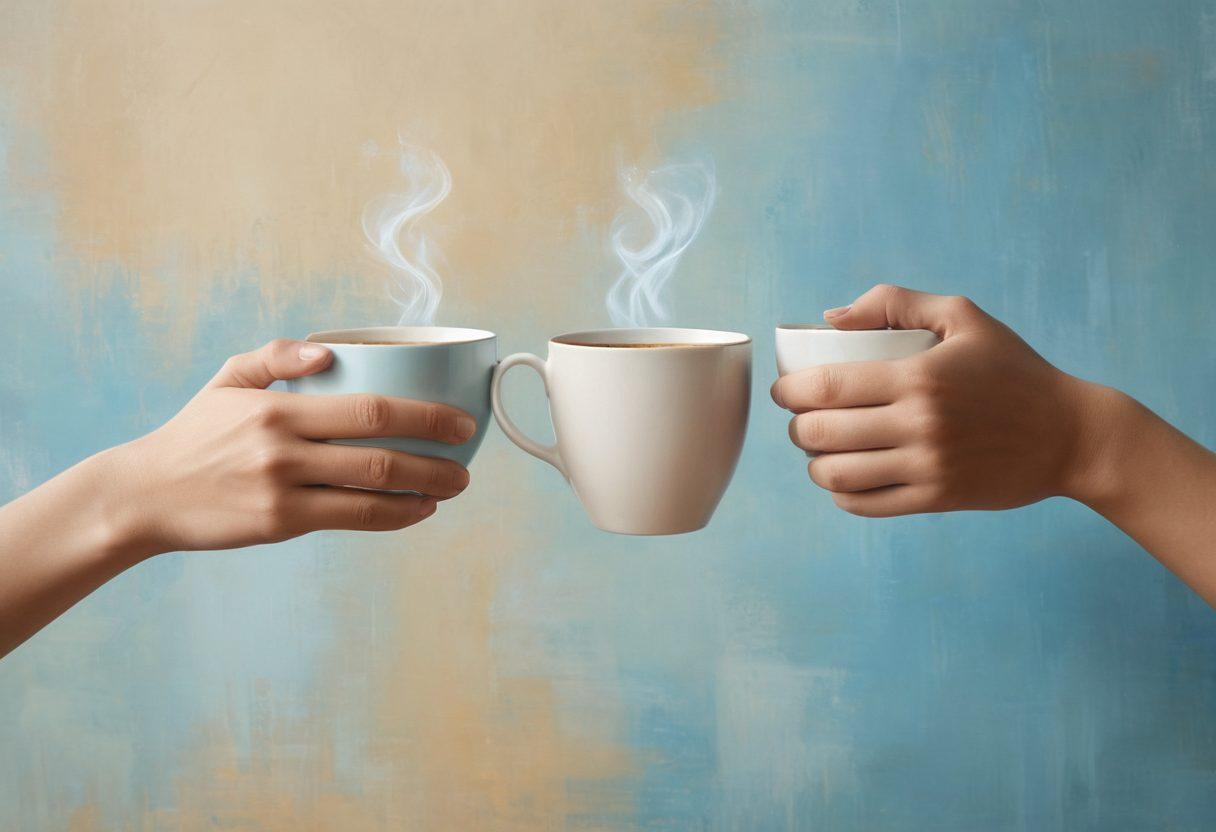 A warm, inviting scene depicting two diverse individuals engaging in deep conversation, with subtle gestures symbolizing trust and devotion – such as hands reaching towards each other or a shared cup of coffee. The background should be softly blurred to emphasize the connection between the figures, with gentle hues of blue and gold symbolizing openness and warmth. Incorporate elements like books or a painting of a heart on the wall to signify the art of communication. super-realistic. soft colors. intimate atmosphere.