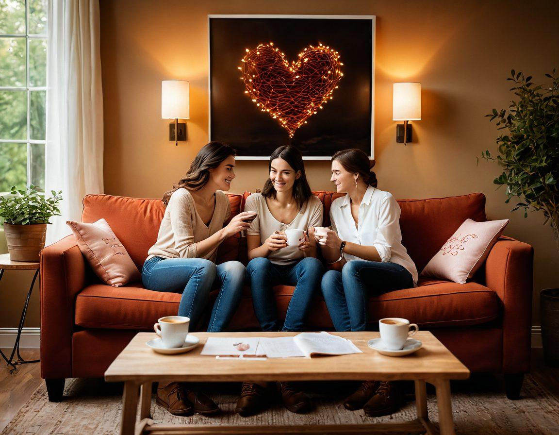 A warm, inviting scene of a couple sitting together on a cozy sofa, engaged in deep conversation, surrounded by soft, ambient lighting. Visual elements include a heart-shaped coffee table and love notes scattered around, symbolizing connection and affection. Expressions of joy and understanding on their faces, capturing the essence of communication. The background subtly features framed memories of their journey together. super-realistic. warm colors. soft focus.