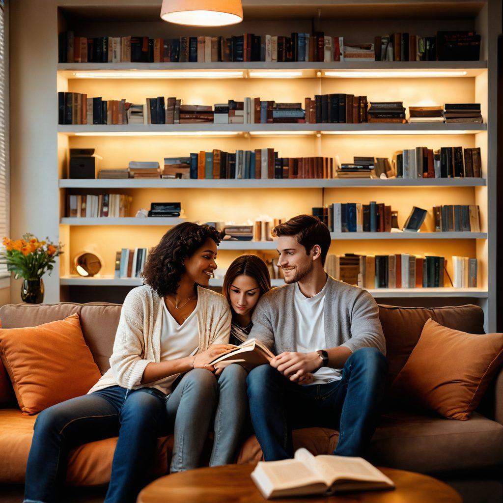 A serene scene of a couple sitting together on a cozy couch, sharing a heartfelt conversation, surrounded by soft, warm lighting. In the background, shelves filled with books and personal mementos symbolize emotional closeness. Delicate flowers on a nearby table represent growth and resilience in their relationship. The couple’s expressions convey love and understanding, encapsulating the theme of strengthening marriage through emotional intimacy. super-realistic. warm tones. soft focus.